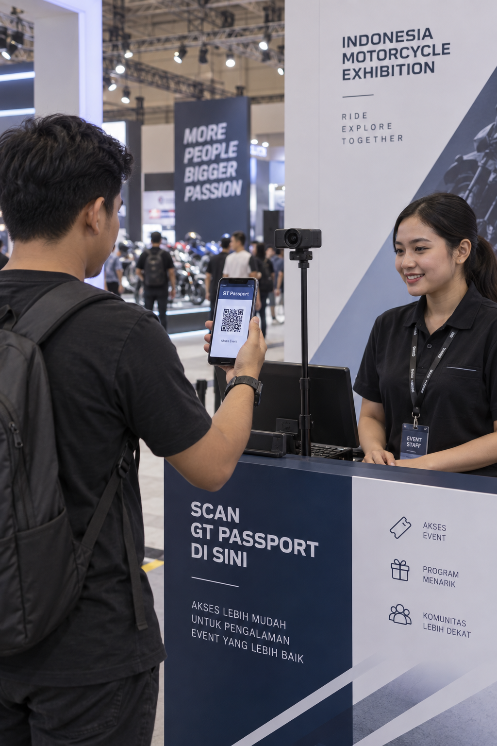 Konsep staff membantu pengunjung scan QR di booth IRC